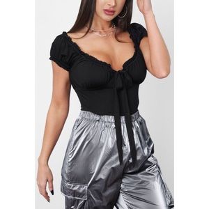Oh Polly Tops - Black ruffled scrunched victorian bodysuit Oh Polly Tops - Black ruffled scrunched victorian bodysuit